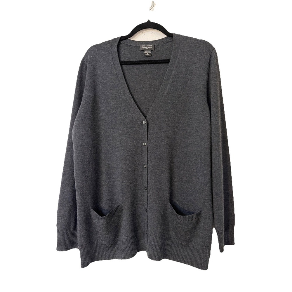 Lord & Taylor Cardigan Sweater Womens 1X Gray‎ Merino Wool V Neck Pocket Long